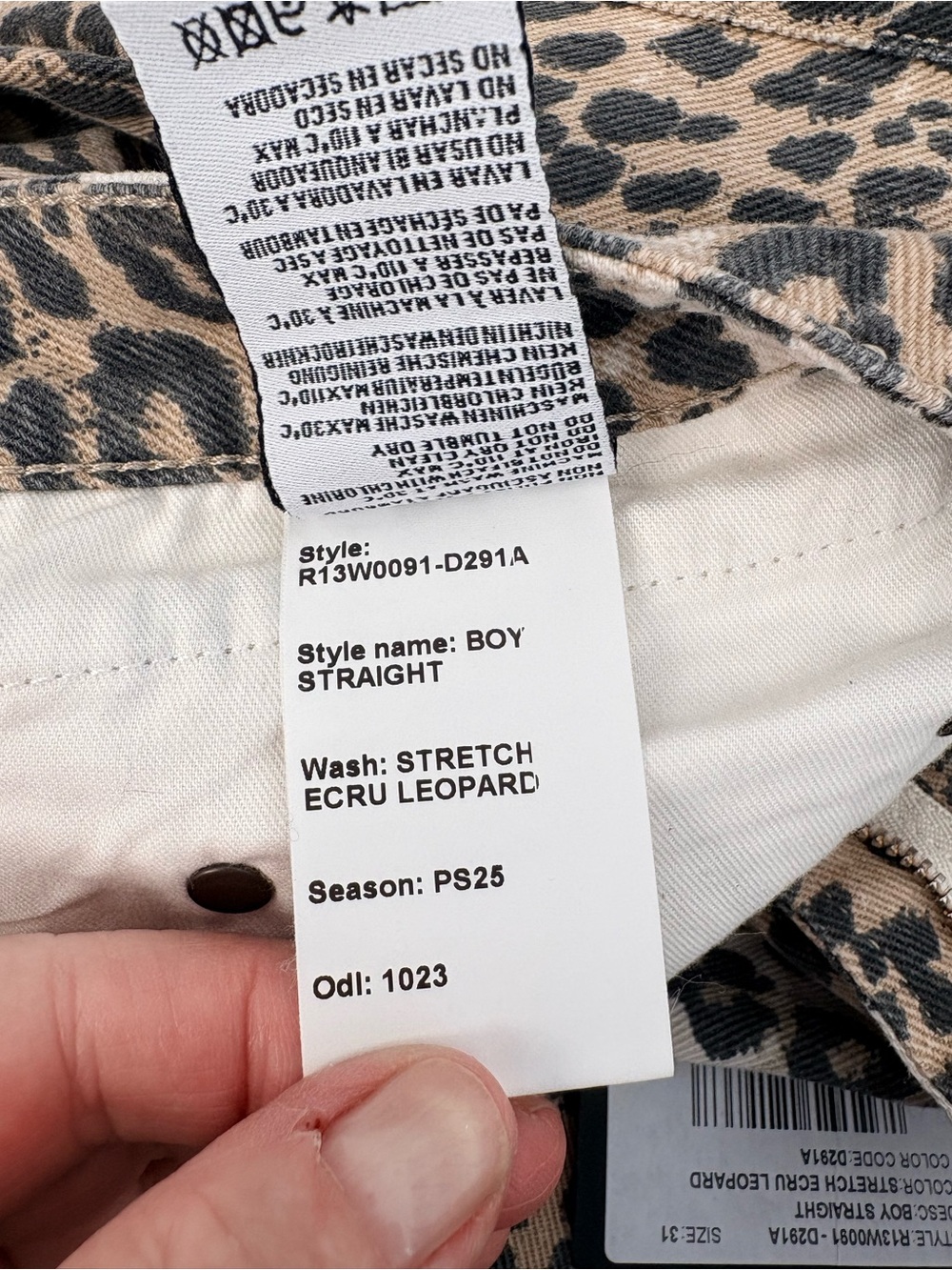 R13 NWT, Boy Straight, Ecru Leopard Stretch Cropped Jeans, Size 31 - Picture 9 of 12
